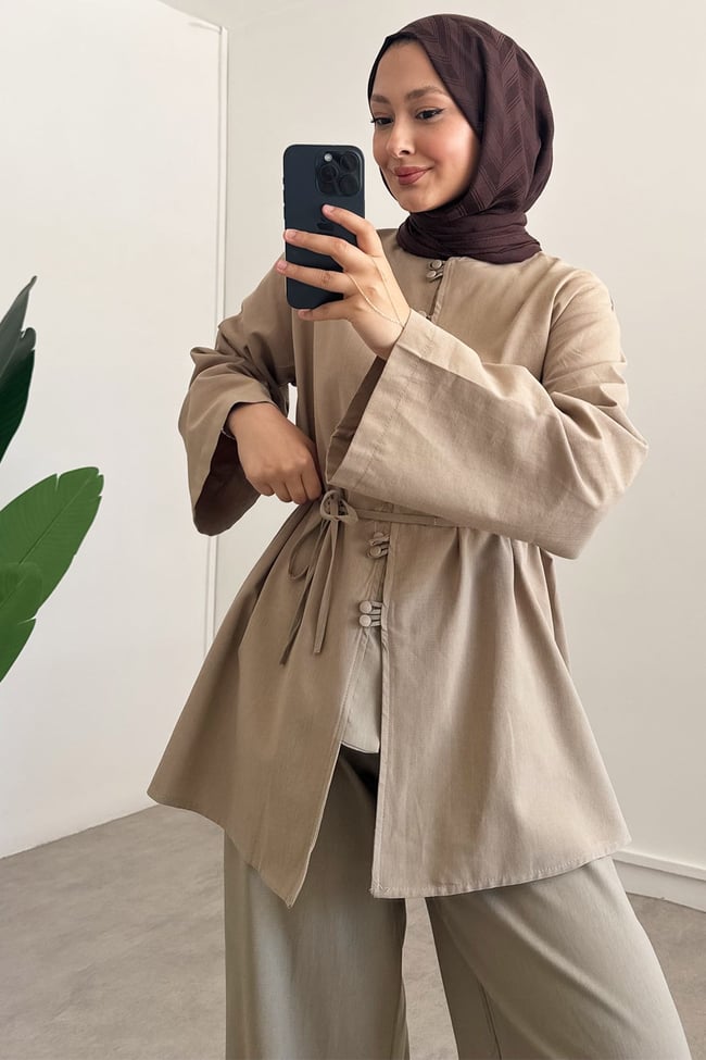 Çift Düğme Keten Takım - Haki Yeşil
