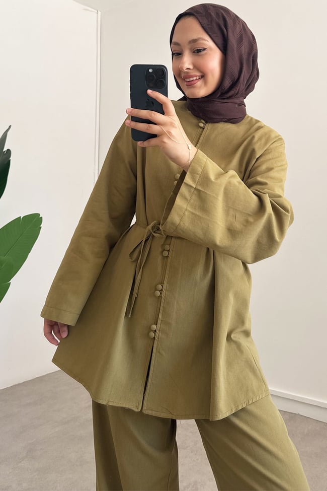 Çift Düğme Keten Takım - Olive