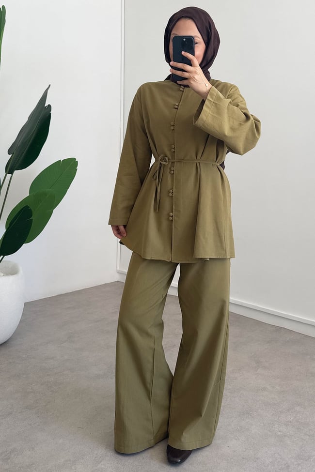 Çift Düğme Keten Takım - Olive