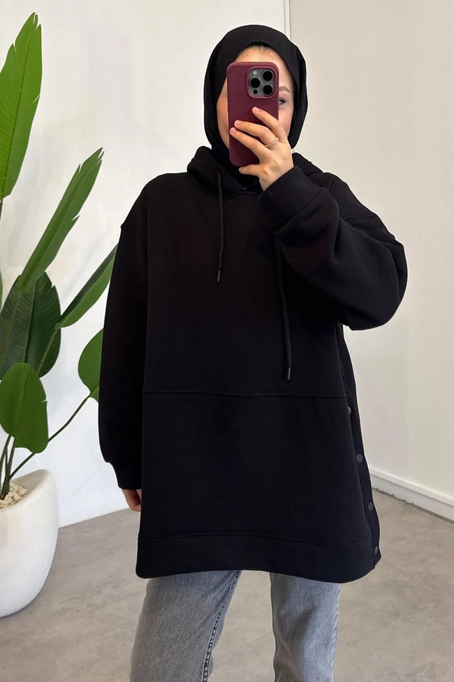 Çıtçıt Detaylı Sweatshirt - Siyah