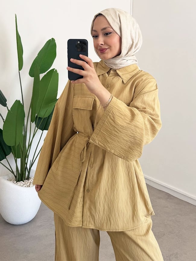 Çizgili Cepli Takım - Olive