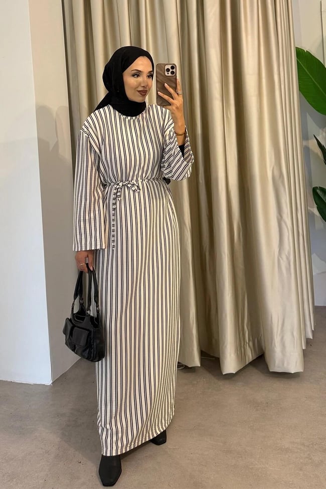 ÇİZGİLİ ELBİSE 9-52504 - EKRU