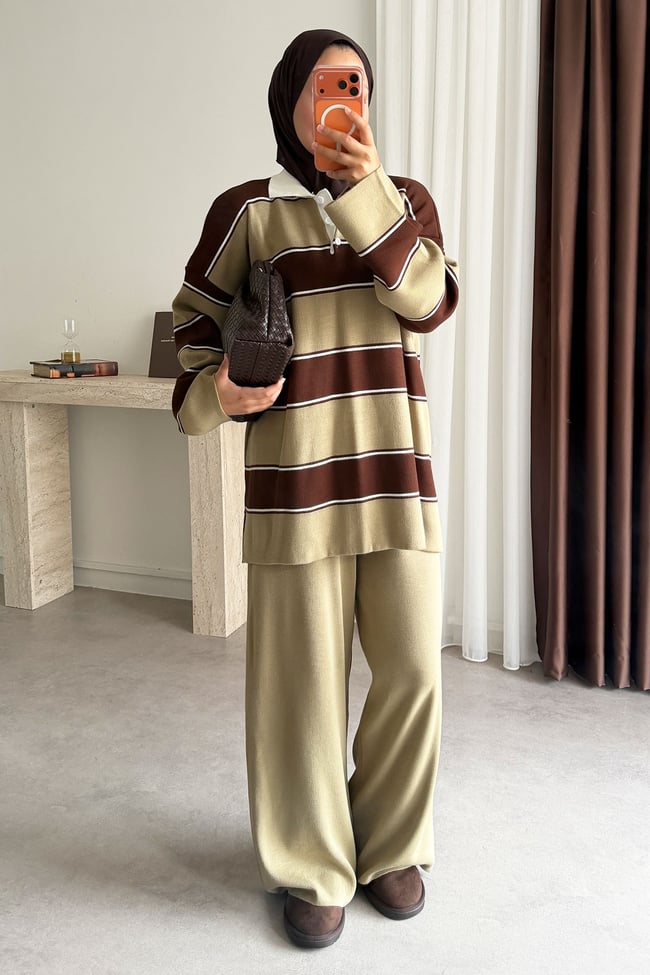 Çizgili Triko Takım - Olive