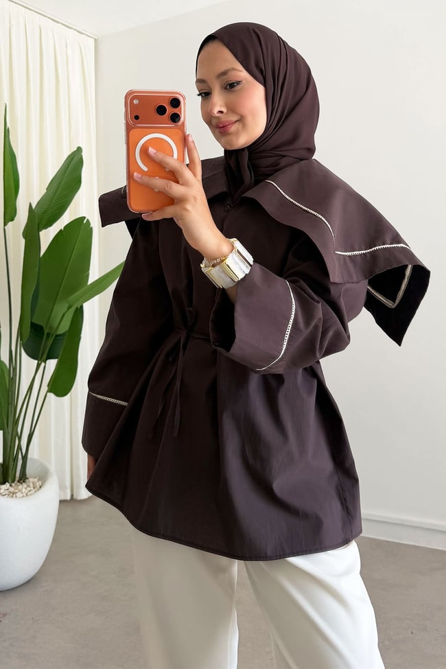 Dantel Detay Tunik - Kahverengi