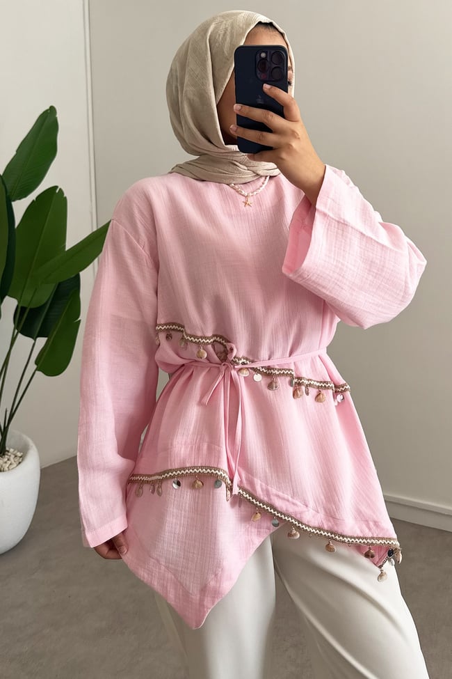 Dantel Keten Gömlek - Pembe
