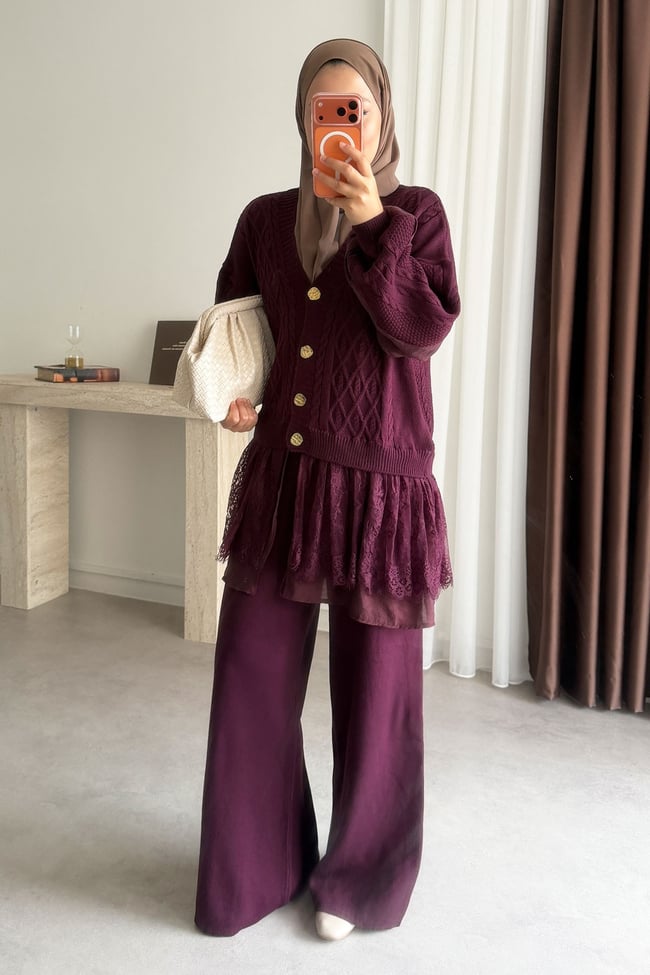 Dantel Triko Takım - Bordo