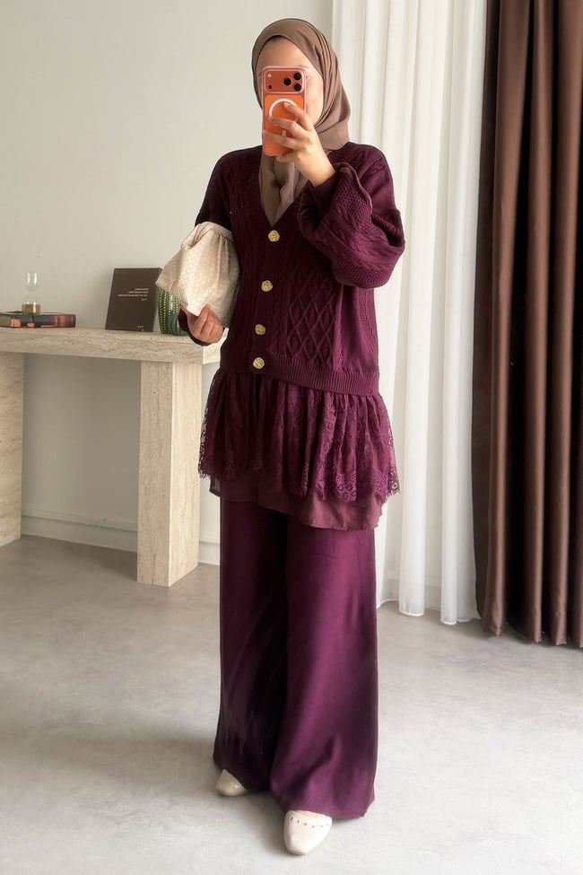 Dantel Triko Takım - Bordo
