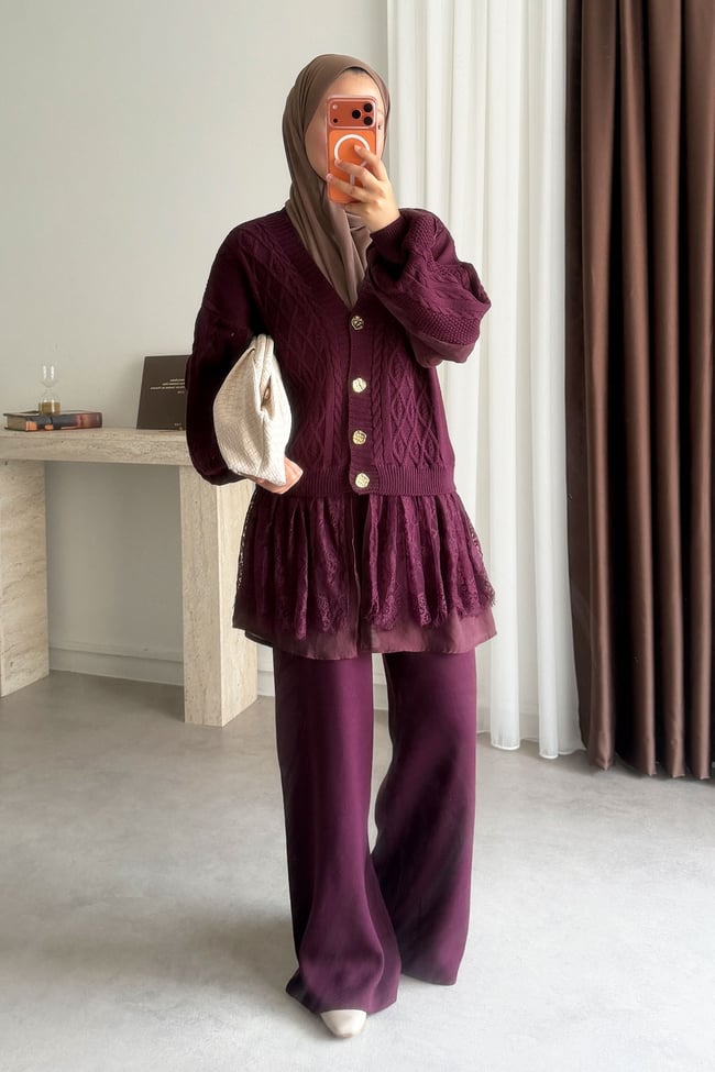Dantel Triko Takım - Bordo