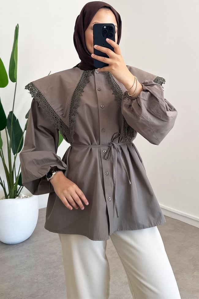 Dantel Yaka Gömlek - Olive