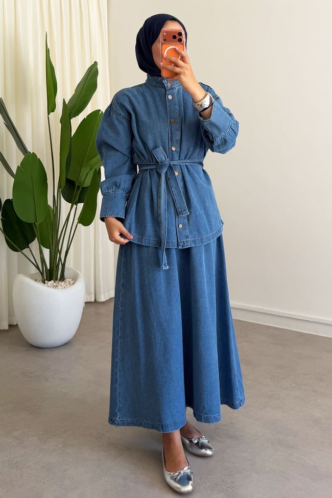 Denim Etekli Takım - Açık Kot