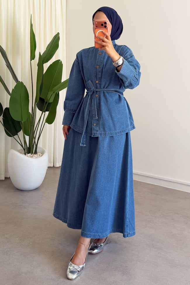 Denim Etekli Takım - Açık Kot