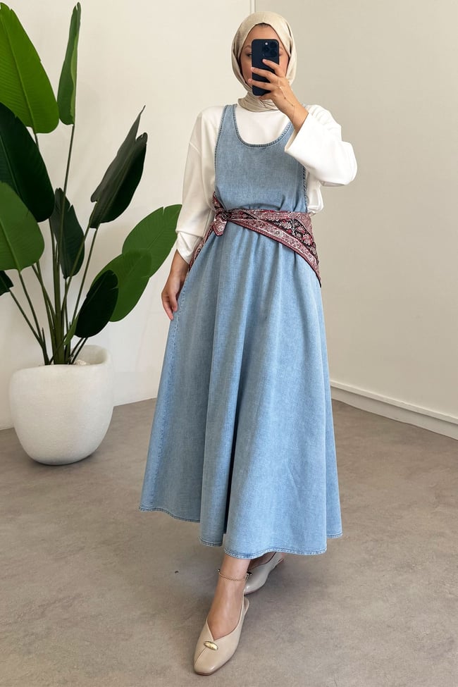 Denim Jile Elbise - Açık Kot