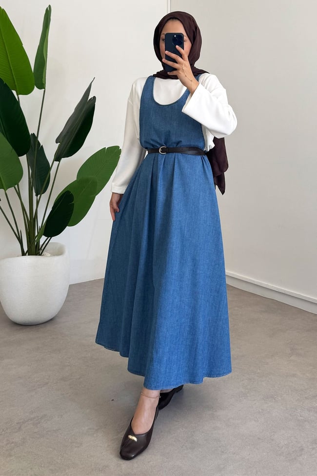 Denim Jile Elbise - Koyu Kot