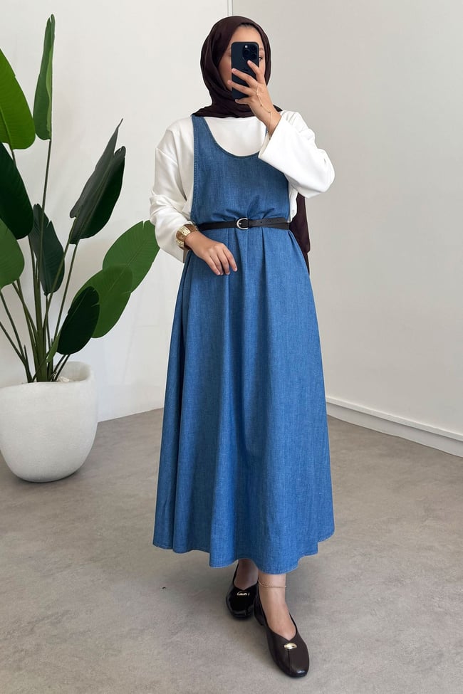 Denim Jile Elbise - Koyu Kot