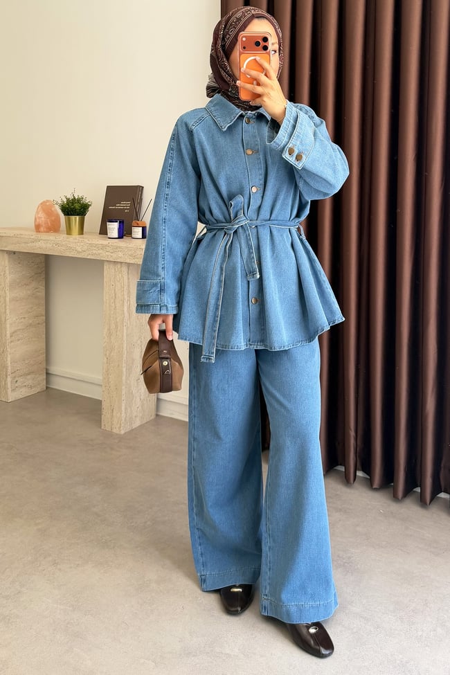 Denim Kemerli Takım - Açık Kot