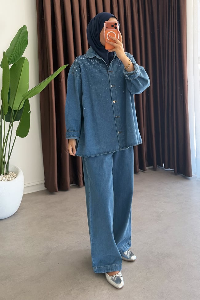 Denim Taşlı Takım - Açık Kot