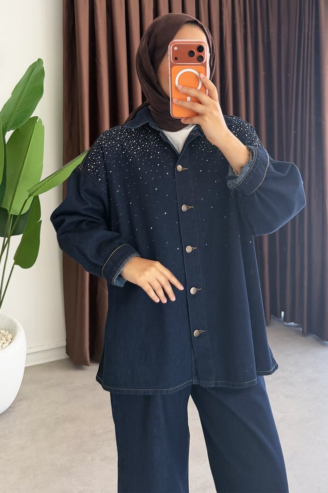 Denim Taşlı Takım - Koyu Kot