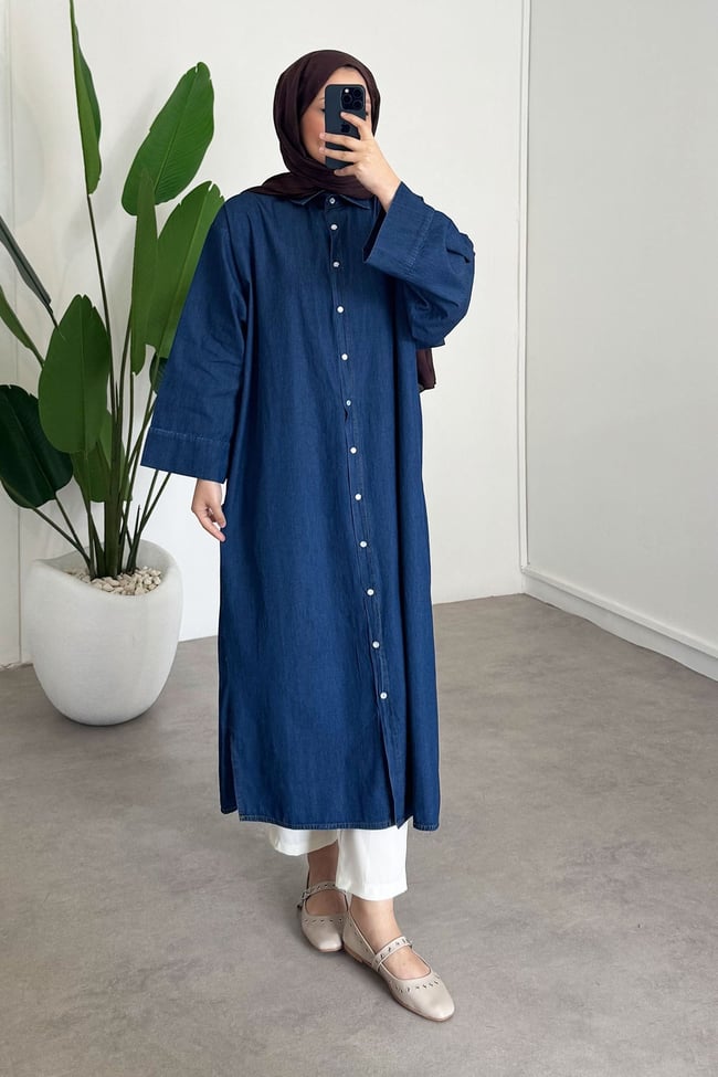 Denim Tensel Gömlek Elbise - Koyu Kot