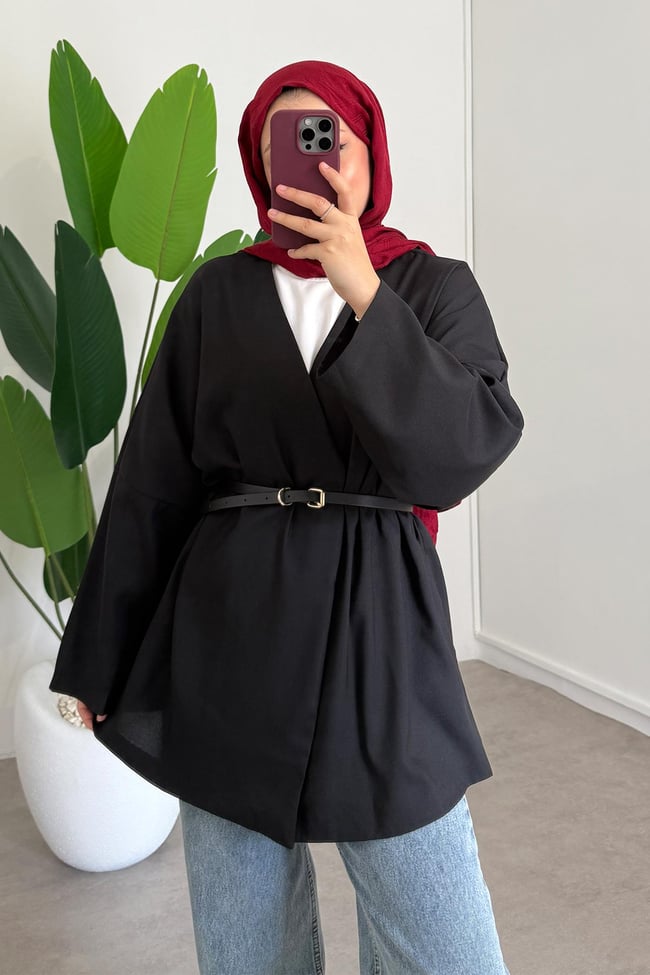 Deri Kemerli Kimono - Siyah