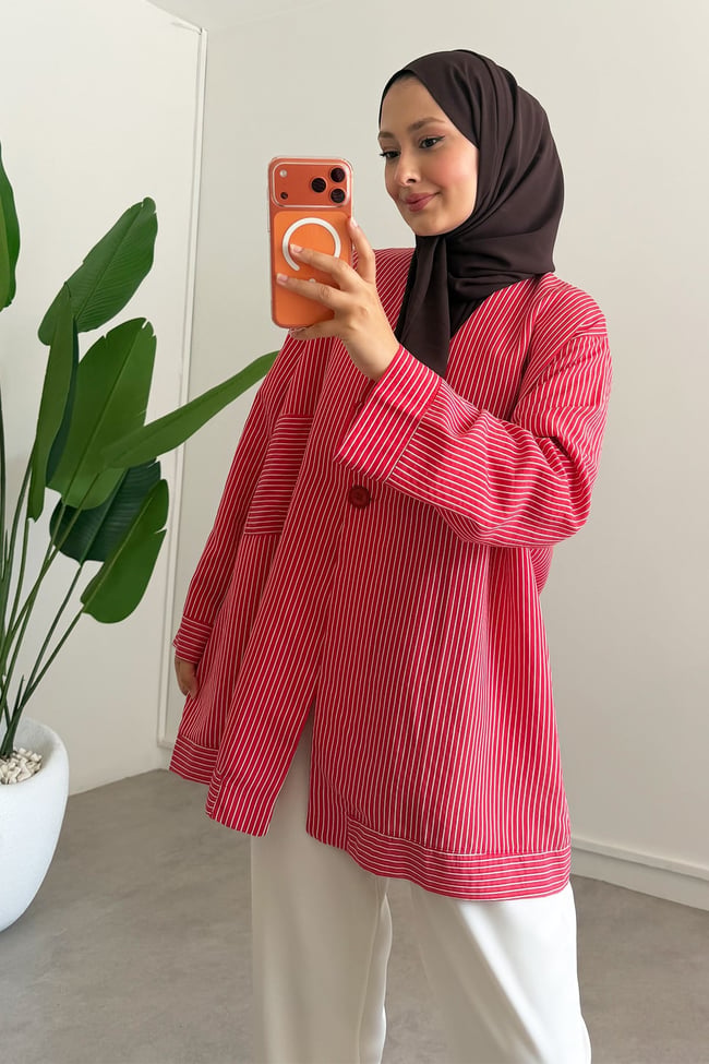 Dügme Detay Kimono - Kırmızı