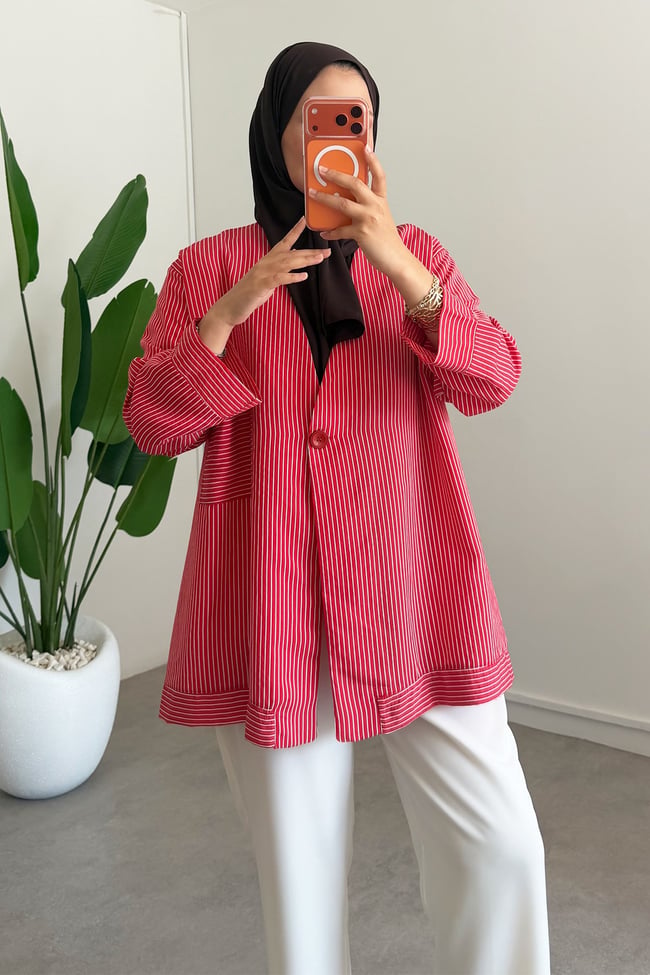 Dügme Detay Kimono - Kırmızı
