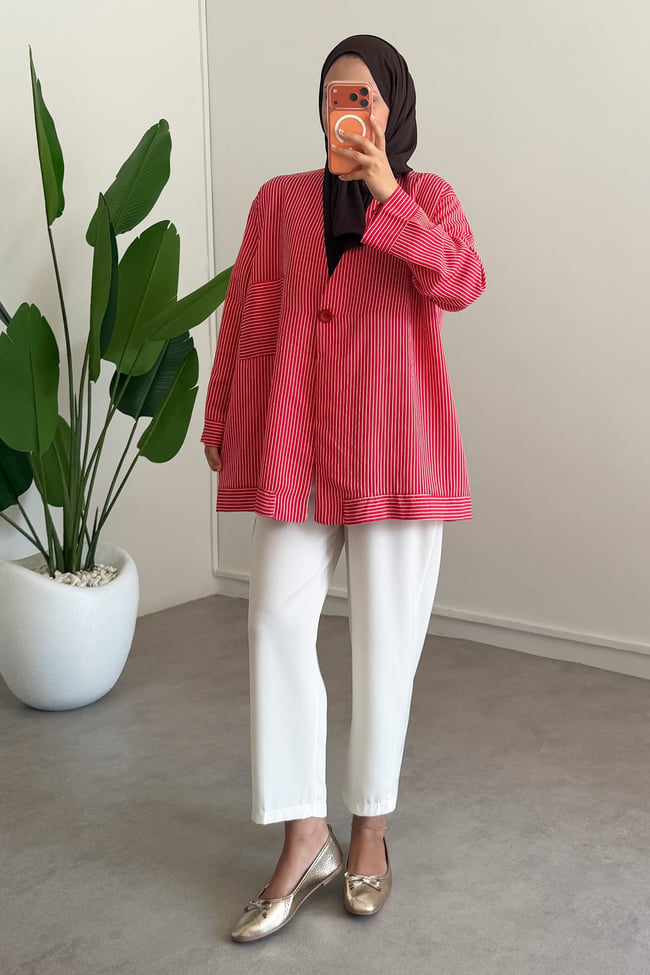 Dügme Detay Kimono - Kırmızı
