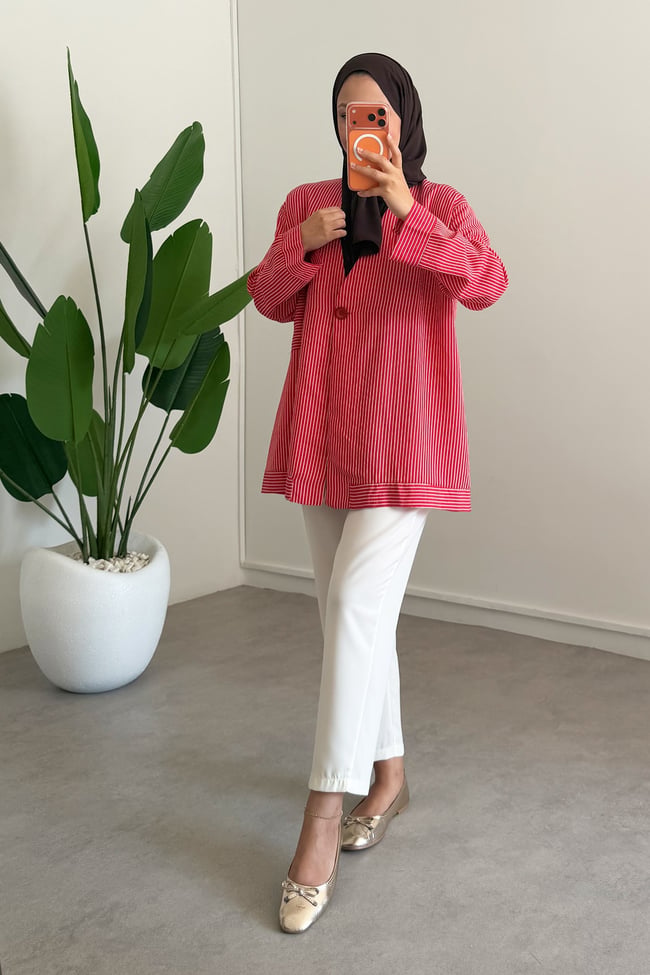 Dügme Detay Kimono - Kırmızı