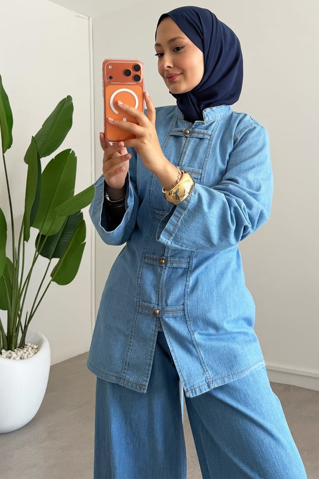 Dügmeli Denim Takım - Açık Kot