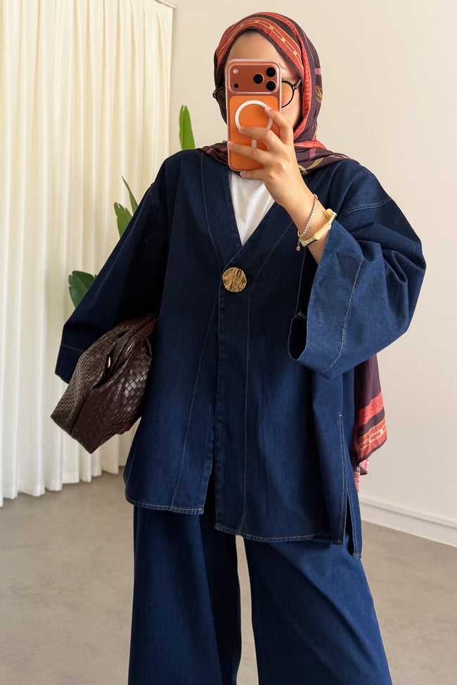 Dügmeli Denim Takım - Koyu Kot
