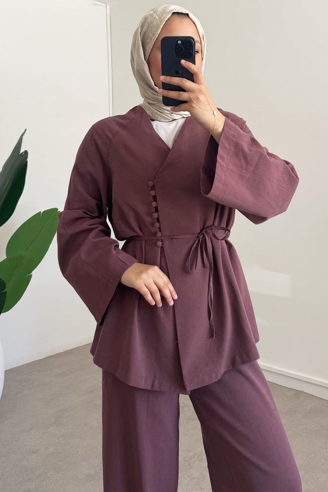 Düğmeli Keten Takım - Bordo