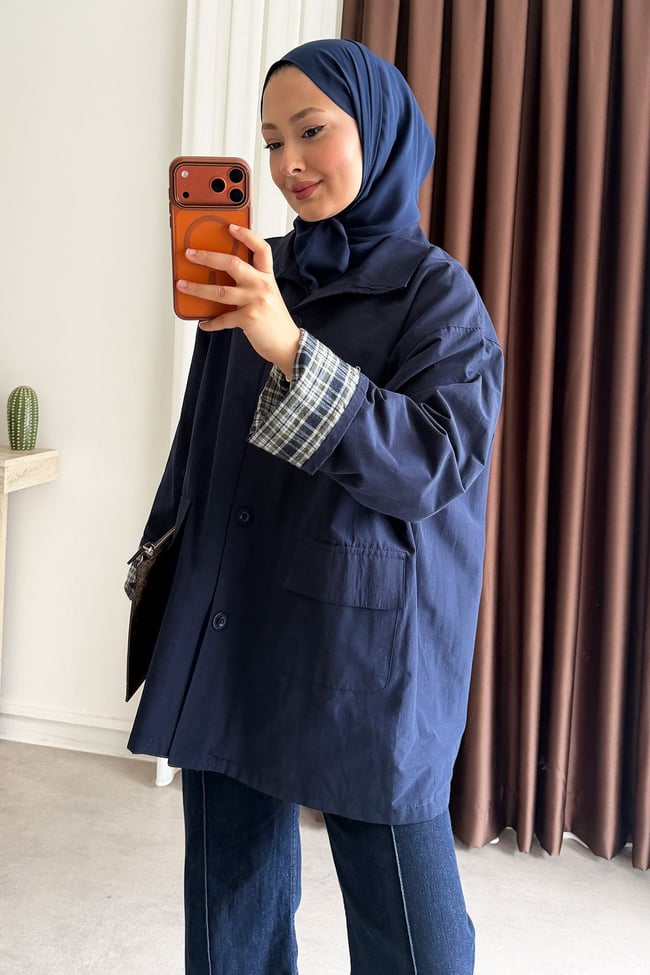 Ekose Astarlı Ceket - Lacivert