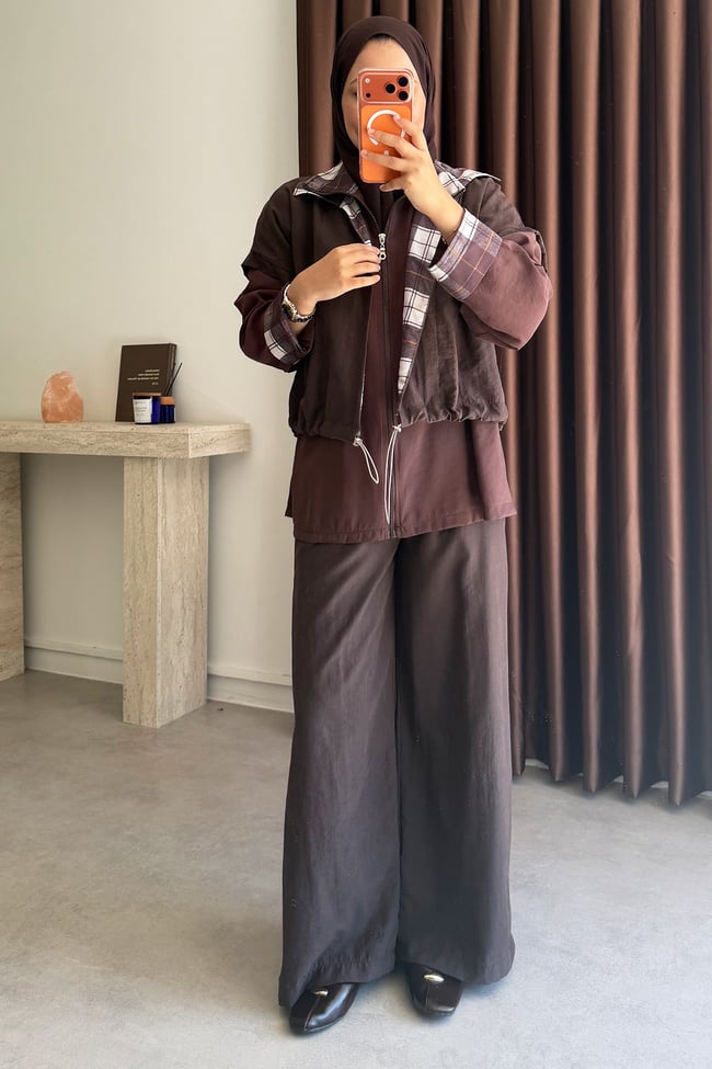 Ekose Detay Takım - Kahverengi