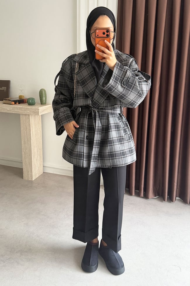 Ekose Oversize Trençkot - Antrast