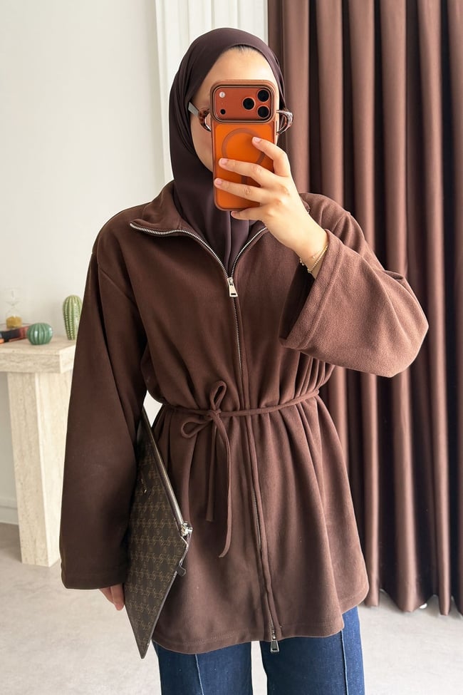 Fermuarlı Biyeli Ceket - Kahverengi