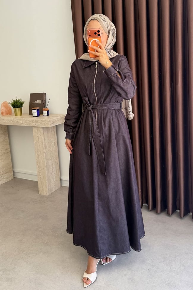Fermuarlı Denim Elbise - Bordo