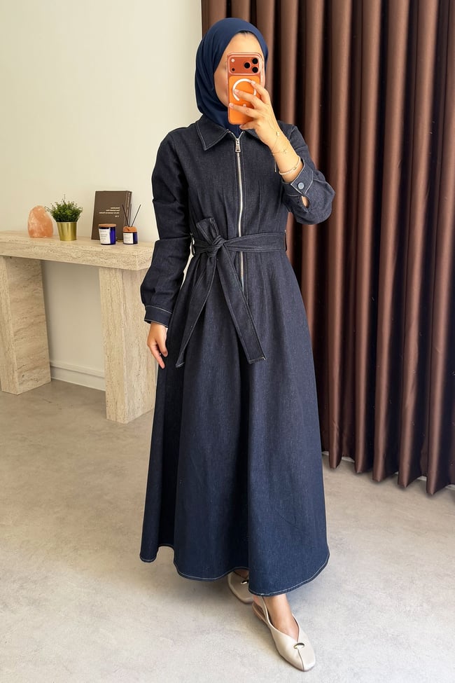 Fermuarlı Denim Elbise - Lacivert