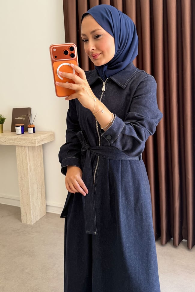 Fermuarlı Denim Elbise - Lacivert