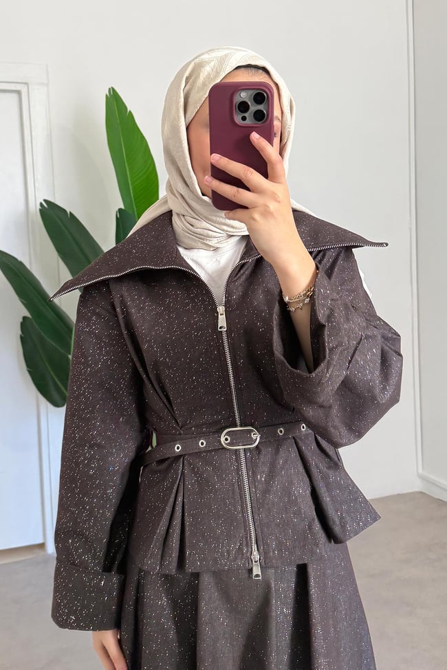 Fermuarlı Denim Takım - Kahverengi