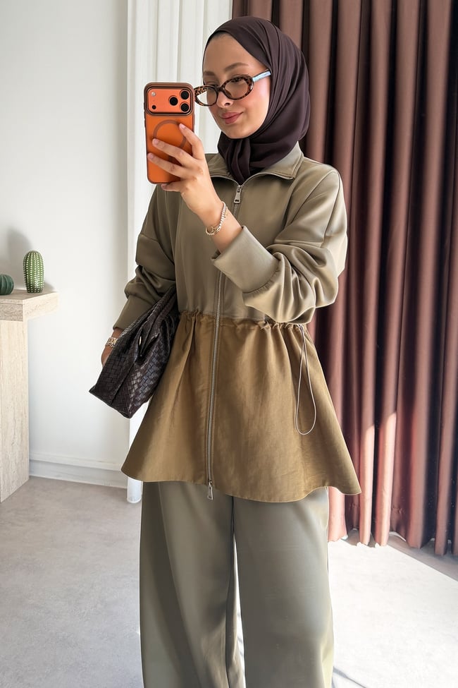 Fermuarlı Garnili Takım - Haki
