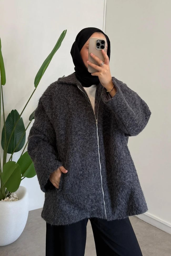 FERMUARLI KAŞE CEKET 9-52637  - SİYAH
