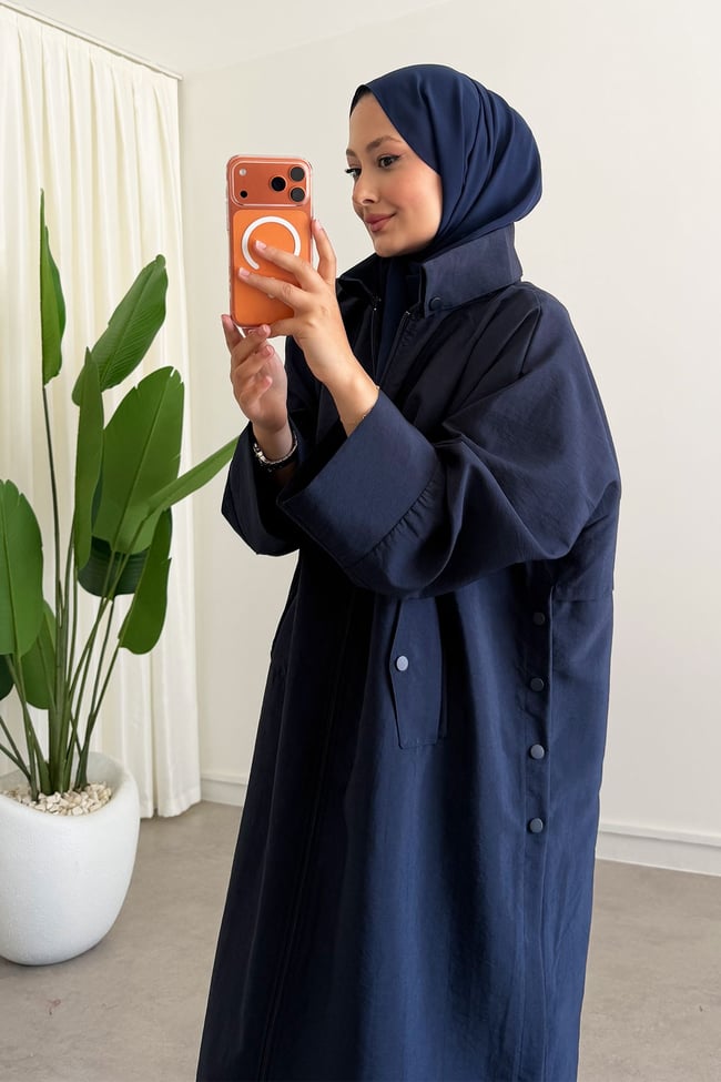 Fermuarlı Pelerinli Trençkot - Lacivert