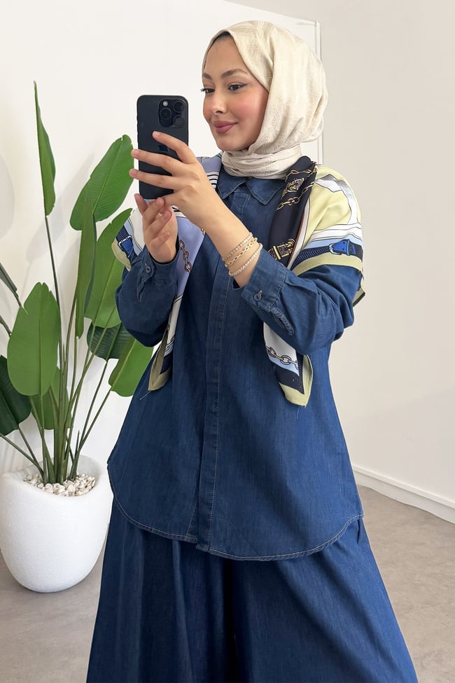 Fularlı Denim Takım - Lacivert