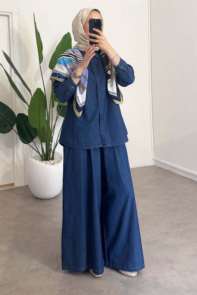 Fularlı Denim Takım - Lacivert