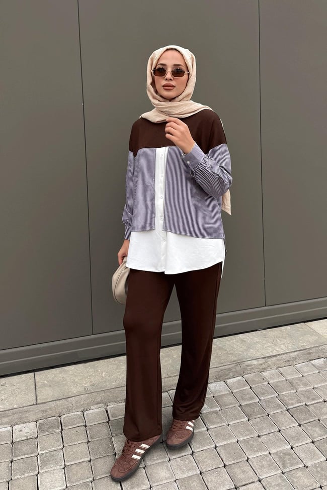 GARNİ DETAYLI TAKIM 44-3079 - KAHVERENGİ