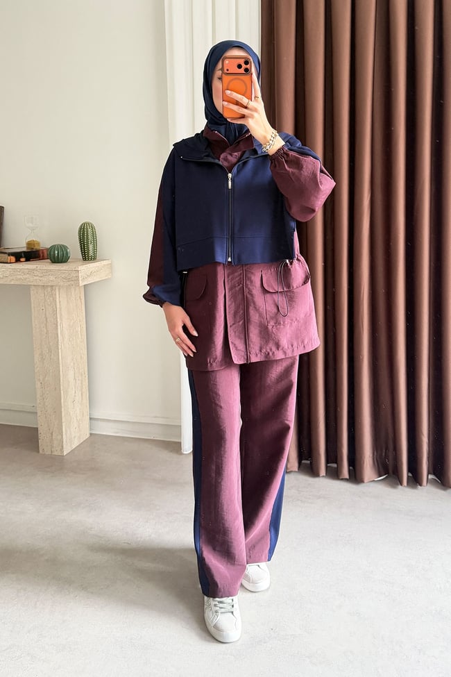 Garnili Fermuarlı Takım - Mürdüm