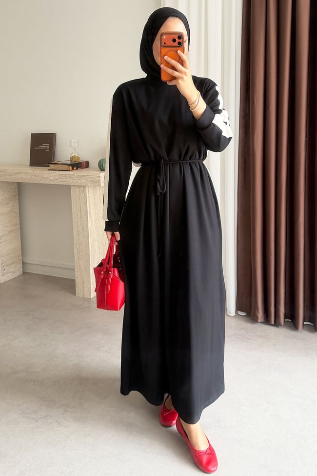 Garnili Oysh Elbise - Siyah