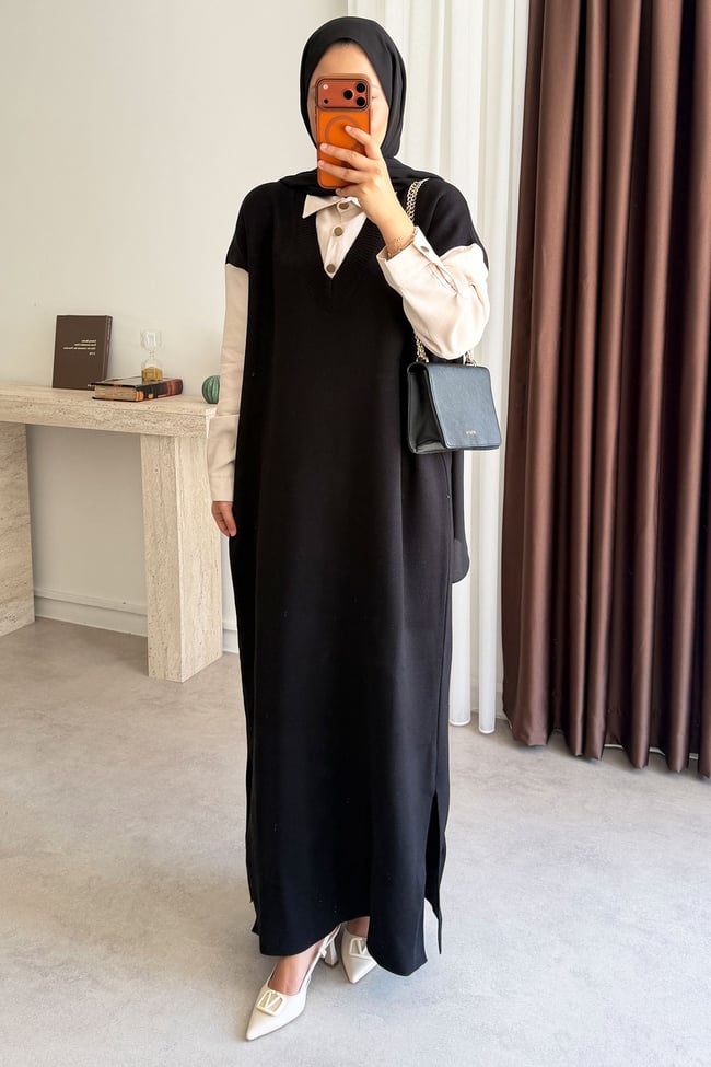 Garnili Triko Elbise - Siyah