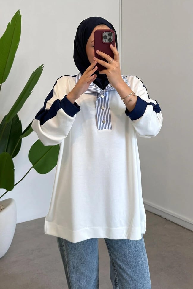 Gömlek Yaka Sweatshirt - Ekru