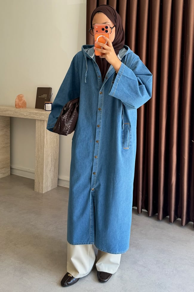 Kapüşonlu Denim Gömlek - Açık Kot
