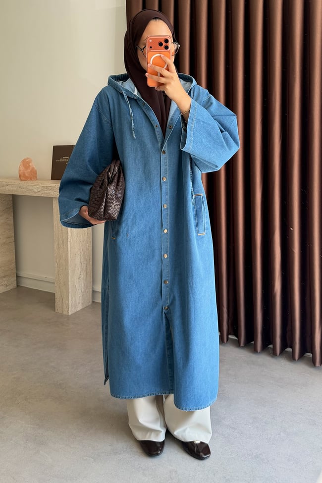 Kapüşonlu Denim Gömlek - Açık Kot